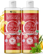 Brittanie's Pure Castile Liquid Soap Peppermint – 2 Pack (32oz Each) | Natural, Organic, Multi-Purpose Soap for Body, Face, Home & Pets | Vegan, Sulfate-Free, Made in USA