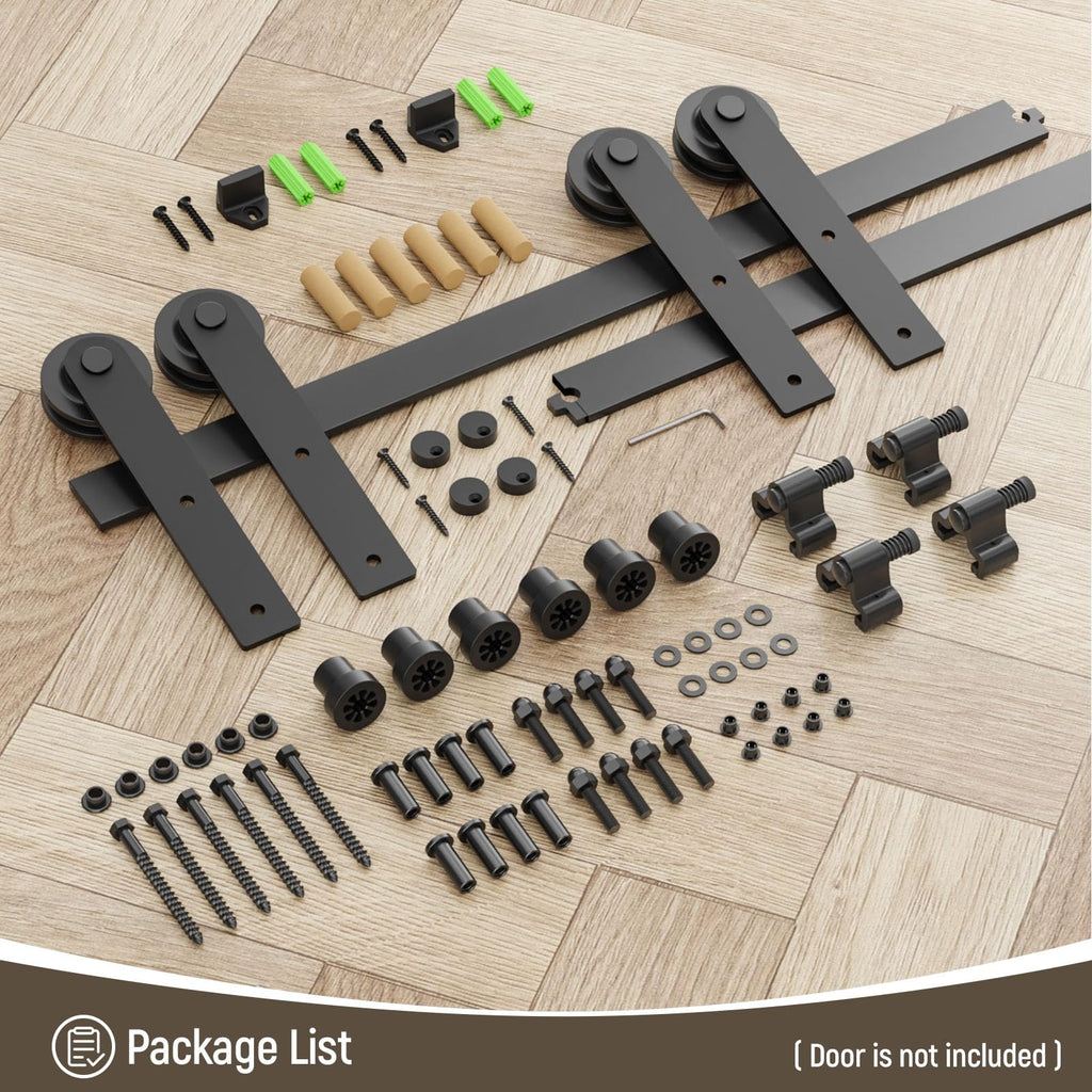CCJH 9FT Sliding Barn Door Hardware Kit, Heavy Duty, Smoothly and Silently, Easy to Install, Fit 27" Width Double Door Panel, I Shaped Hangers Black
