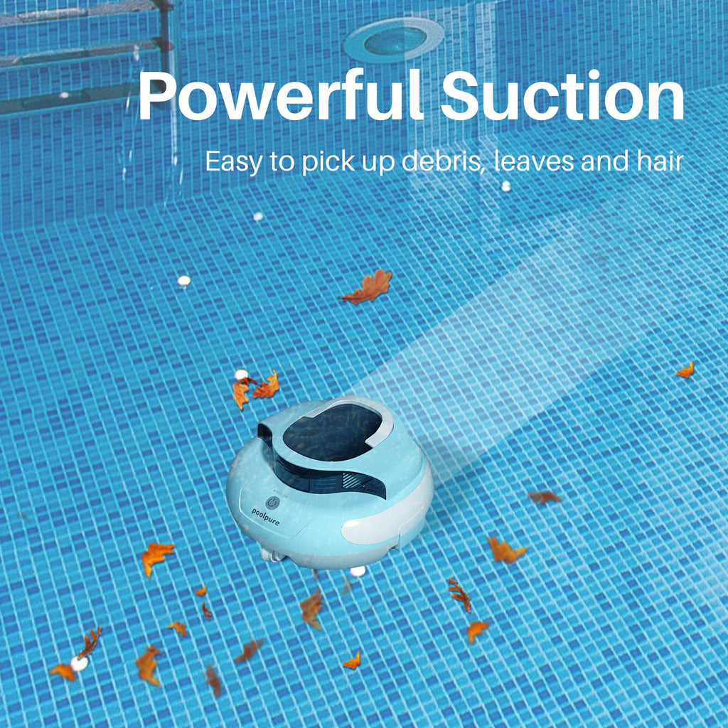 POOLPURE Cordless Robotic Pool Cleaner - Dual 30W Motors, 100Min Runtime, for Above & In-Ground Pools Up to 1000 Sq.Ft, Auto-Parking, Advanced Waterproof Technology (Blue)