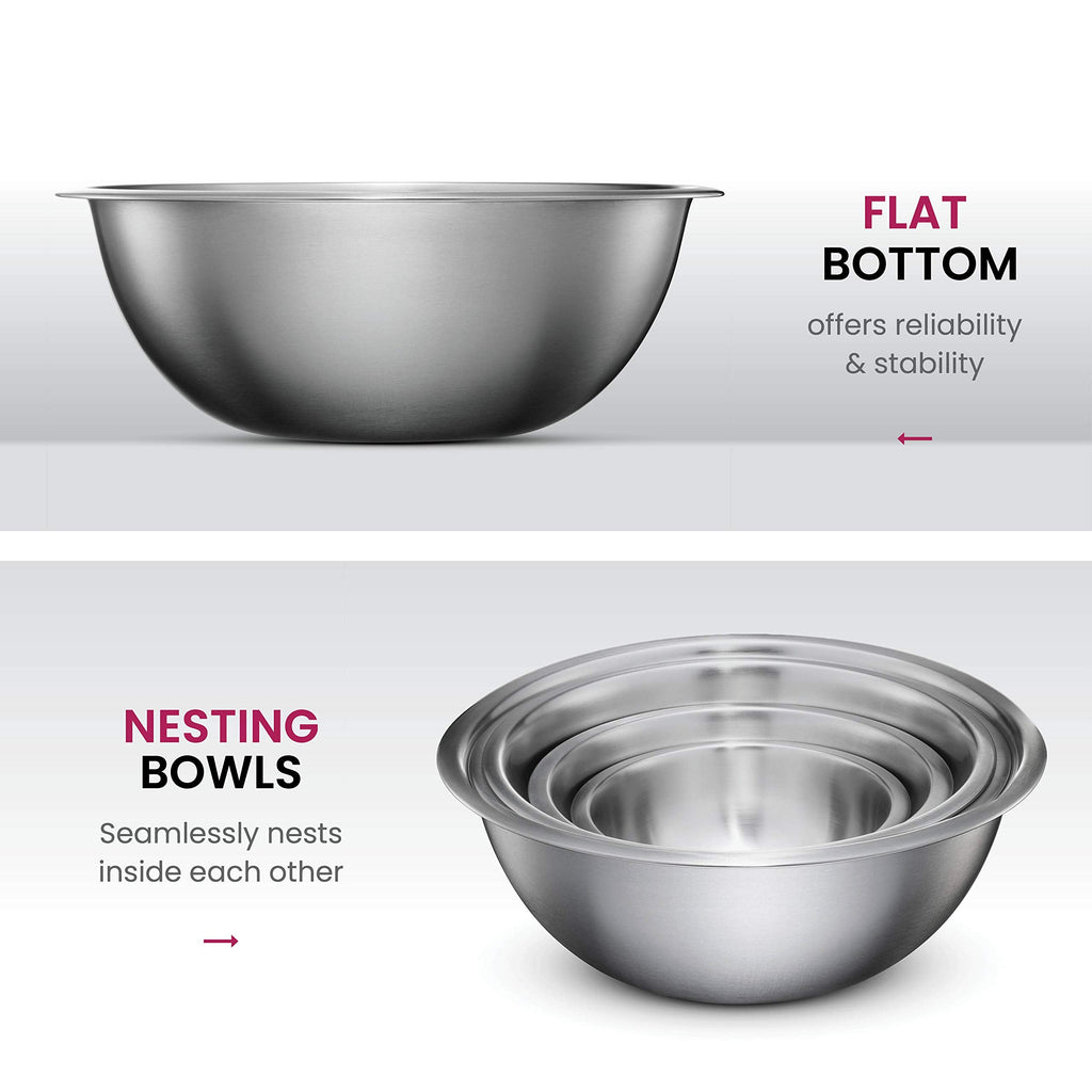 FineDine Stainless Steel Mixing Bowls Set, Dishwasher Safe, Up To 8 Quart Metal Mixing Bowls For Kitchen, Nesting, Large, Small, Big Food Prep, Cooking, Baking