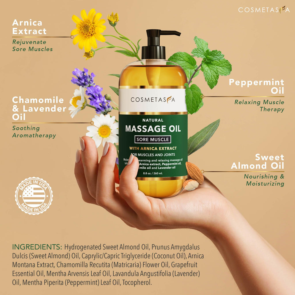 Cosmetasa Luxury Spa Treatment Gift Set - Relaxation, Nourish and Sore Muscle Massage Oil with Hot Stones, Roller Ball and Thumb Saver Massage Tools
