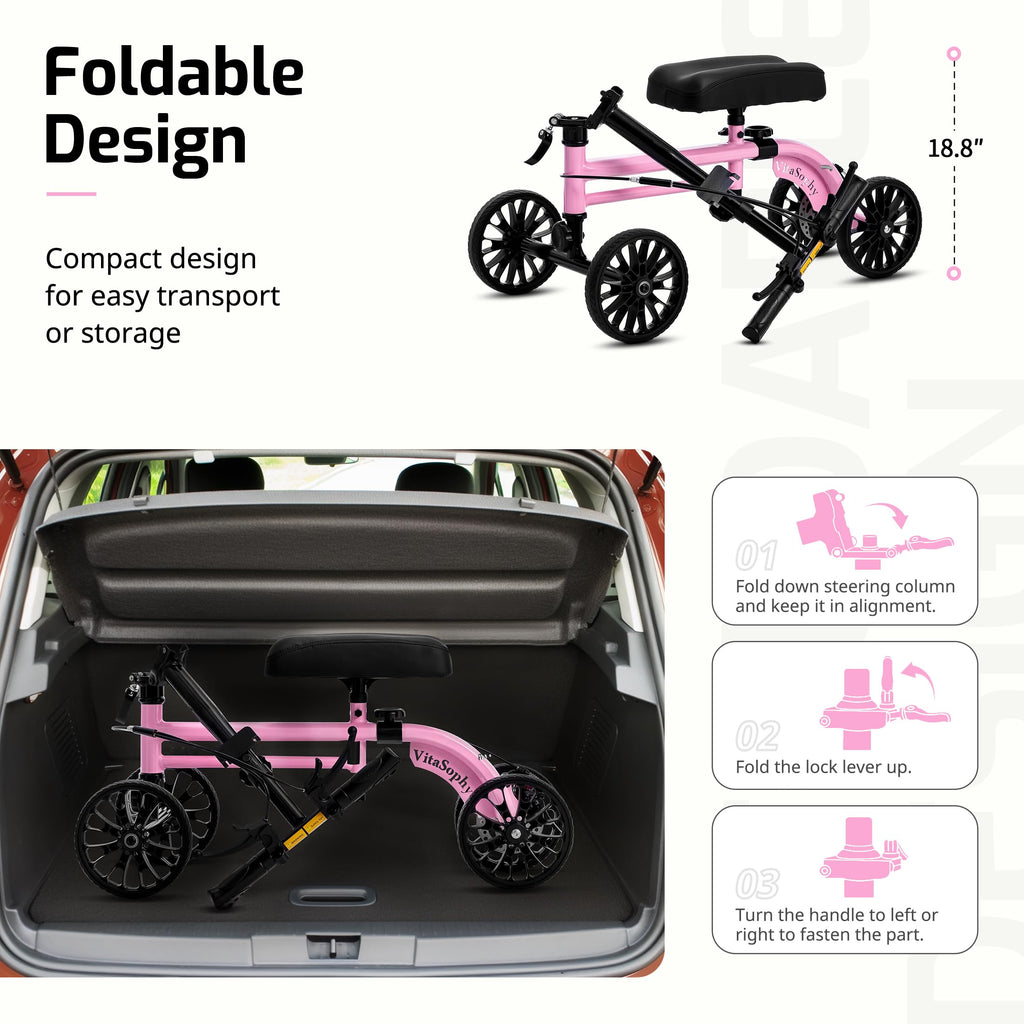 VitaSophy Knee Scooter with Disc Brake, Steerable Knee Walker for Adults,Foldable Rover Scooter for Broken Foot Injured Leg Crutch,Pink