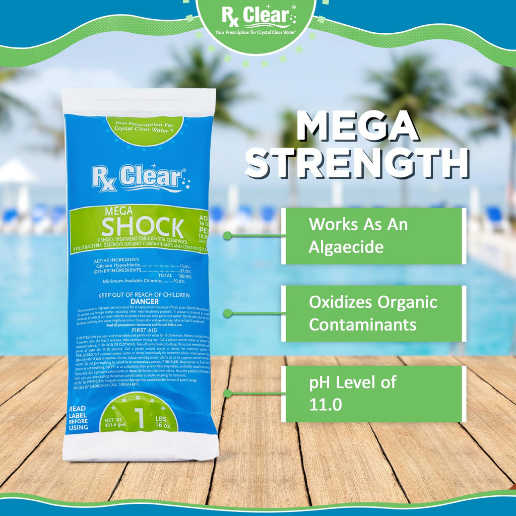 Rx Clear Mega Shock | 73% Calcium Hypochlorite | Kills Algae in Swimming Pools | Works As Pool Sanitizer Clarifier and Algicide | One Pound Bags | 6 Pack