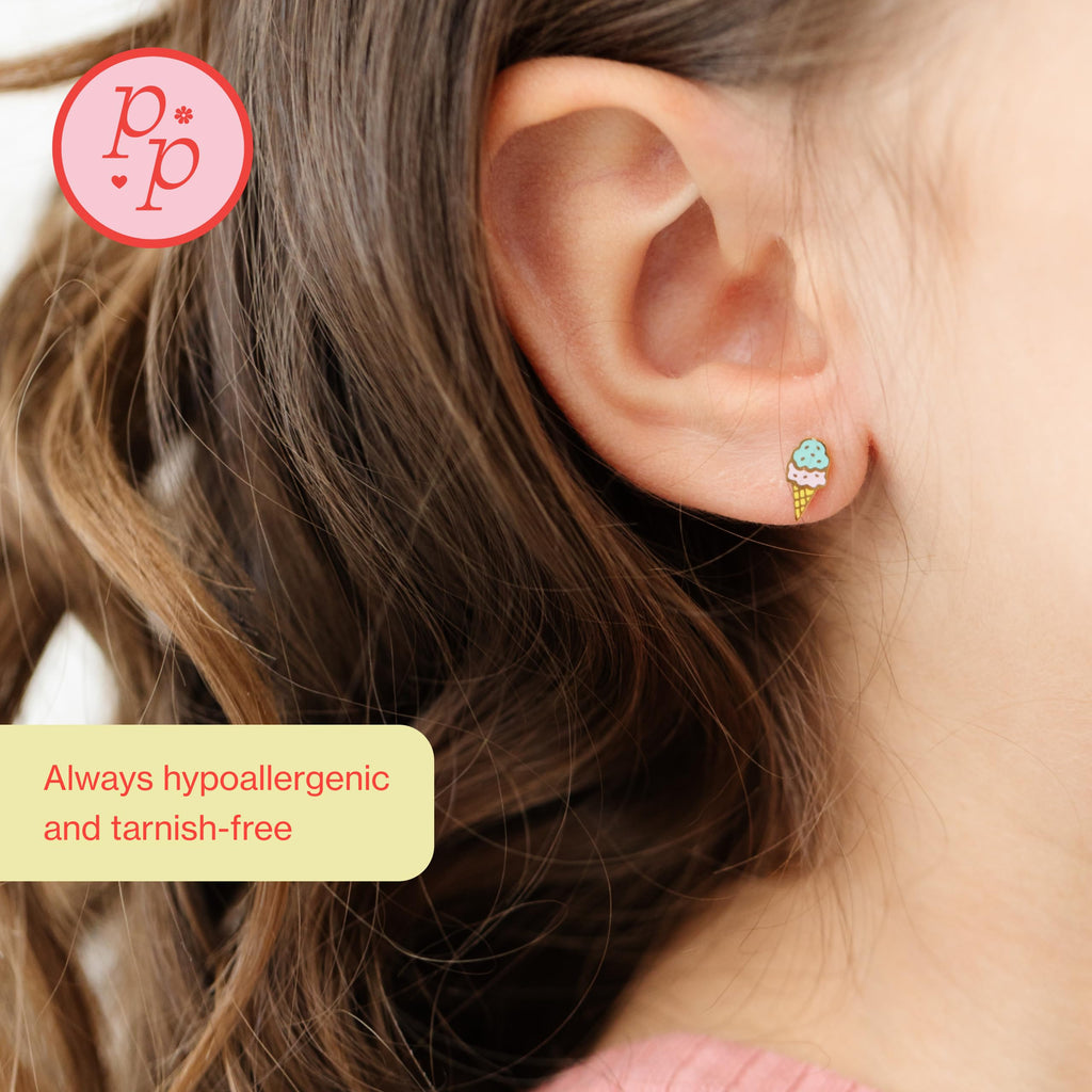 Pip Pop Ice Cream Flat Back Stud Earrings - Hypoallergenic, Gold PVD