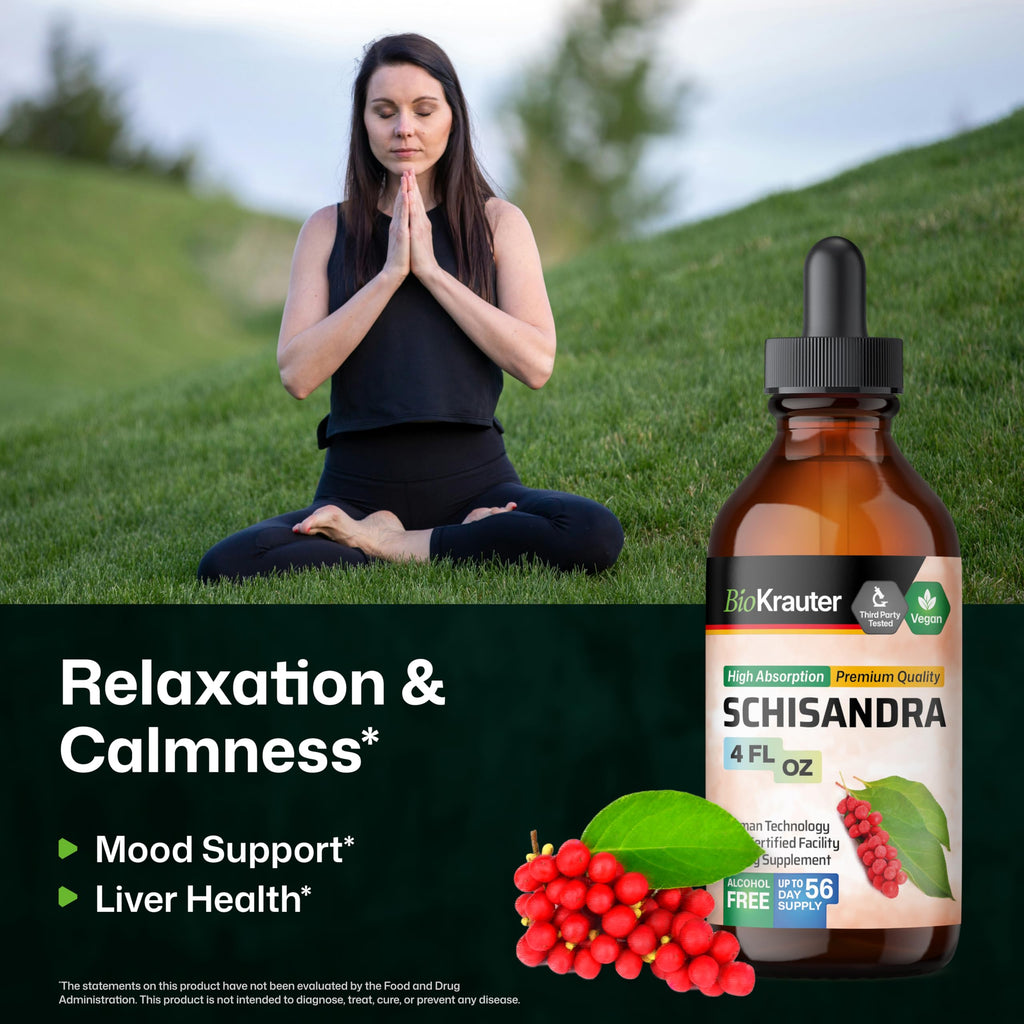BIO KRAUTER® Schisandra for Calm & Relaxation - Pure Vegan Mood Support Supplement - Liquid Schisandra Berry 4 Fl.Oz - Natural Calm Drops 650 mg per Serving, 56-Day Supply, Alcohol & Sugar Free