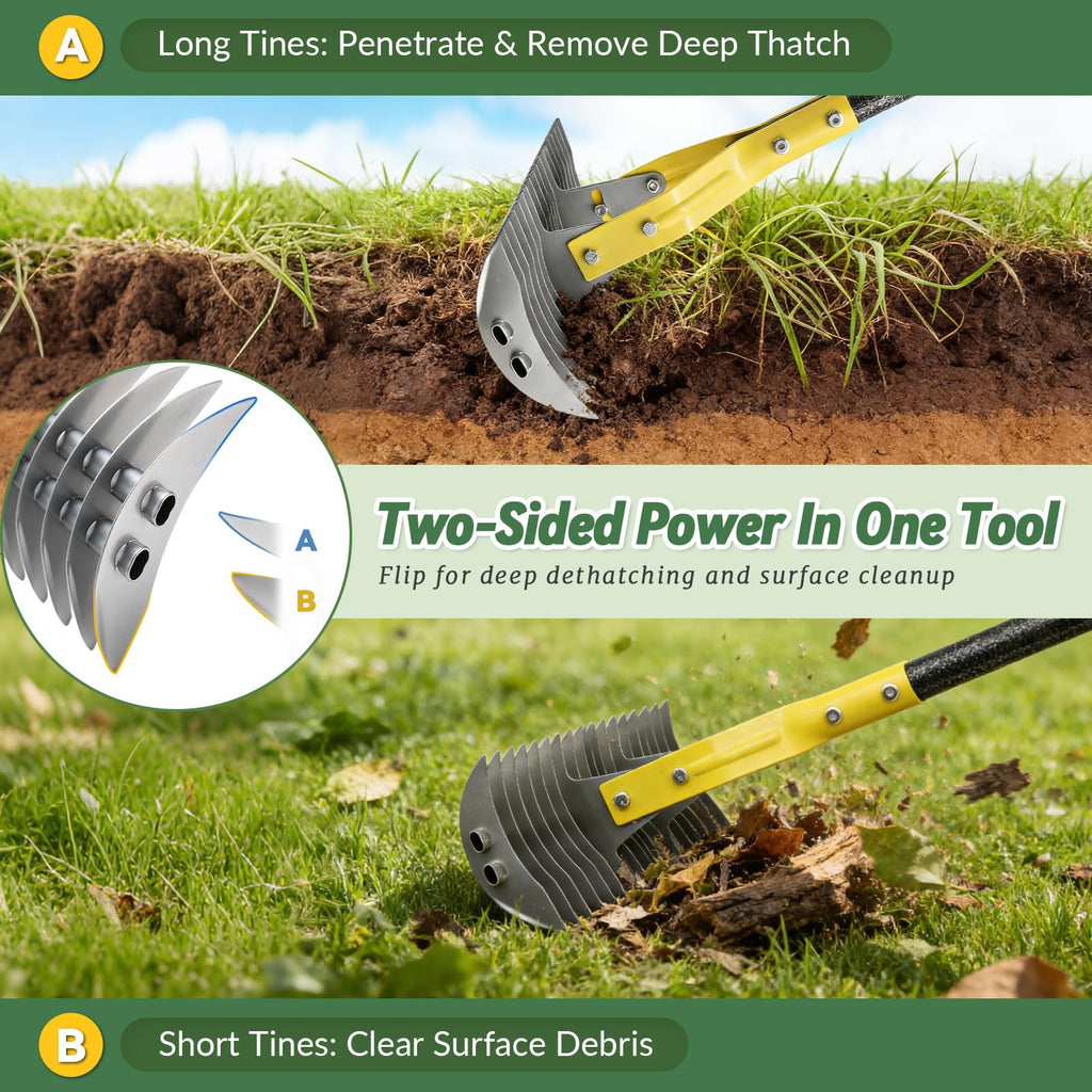Thatch Rake, 15-Inch Wide Manual Dethatcher Rake for Cleaning Dead Grass, Loosening Soil, 55" Efficient Steel Metal Dethatching Rake with Long Adjustable Handle, Thatch Rakes for Lawns, Yard, Garden