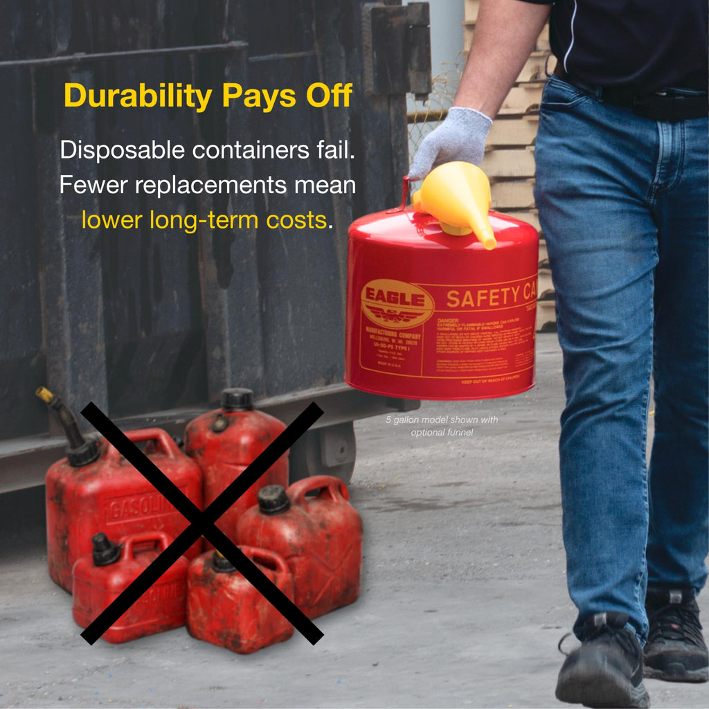 Eagle 2 Gallon Type I Red Safety Gas Can for Gasoline with Flame Arrester, Self-Closing Lid, and F-15 Funnel, Made in the USA, Galvanized Steel Flammable Storage Can, UI20FS