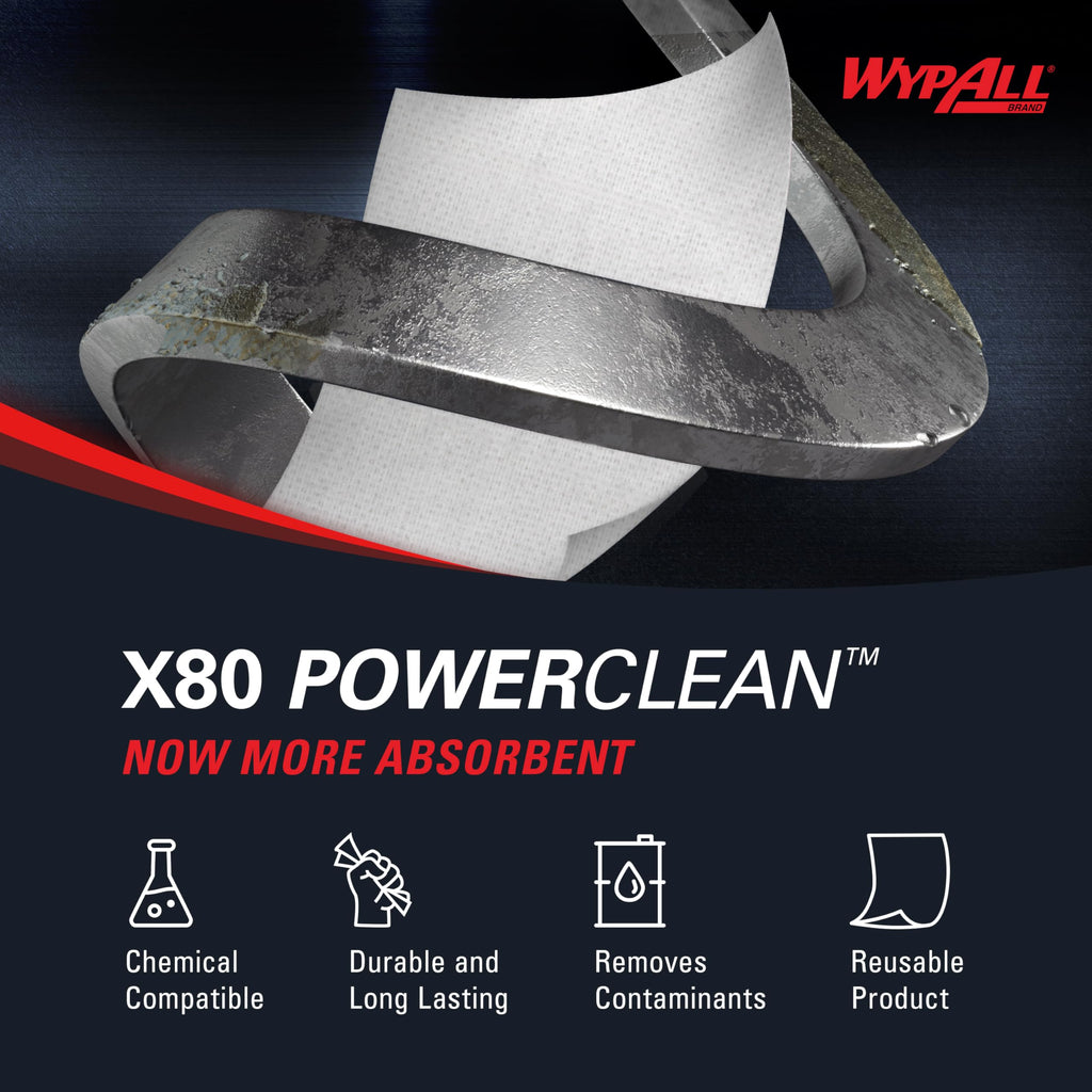 WypAll PowerClean X80 Heavy Duty Cloths, Brag Box, 152 Towels (41044)