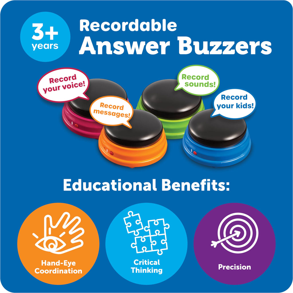 Learning Resources Recordable Answer Buzzers - Set of 4, Ages 3+ | Pre-K Personalized Sound Buzzers, Recordable Buttons, Game Show Buzzers, Perfect for Family Game and Trivia Nights
