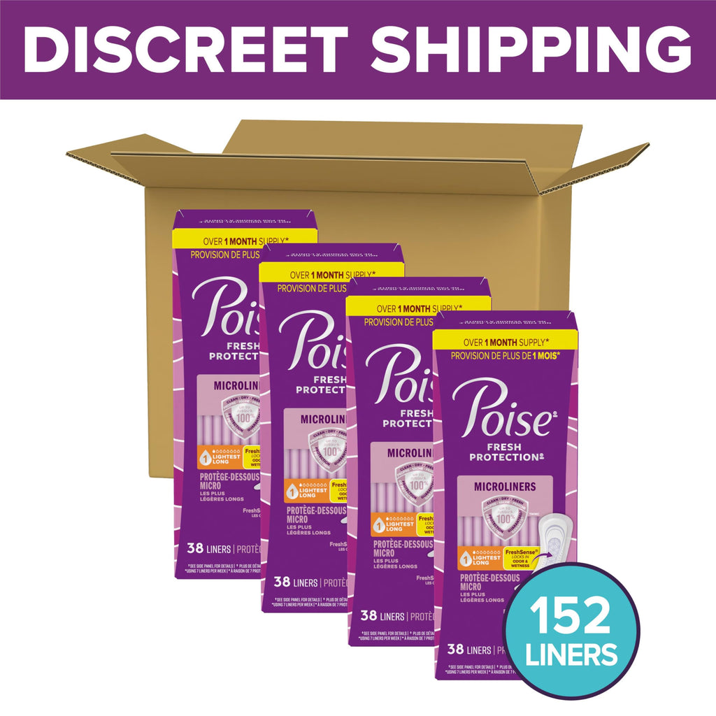 Poise Daily Microliners, Incontinence Panty Liners for Bladder Leaks, 1 Drop Lightest Absorbency, Long Length, 152 Count of Pantiliners (4 Packs of 38)