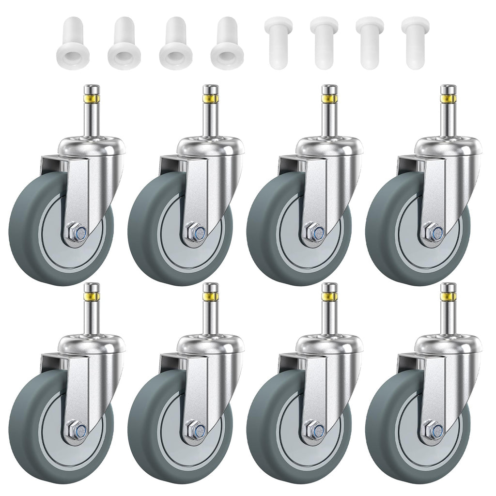 HOLKIE Stem Caster Wheels 4 inch Casters Set of 8, 7/16-Inch Stem Diameter Swivel Castors Heavy Duty TPR Rubber Replacement Castor for Cart, Stool, Mop Bucket, Grill, Shop Vac