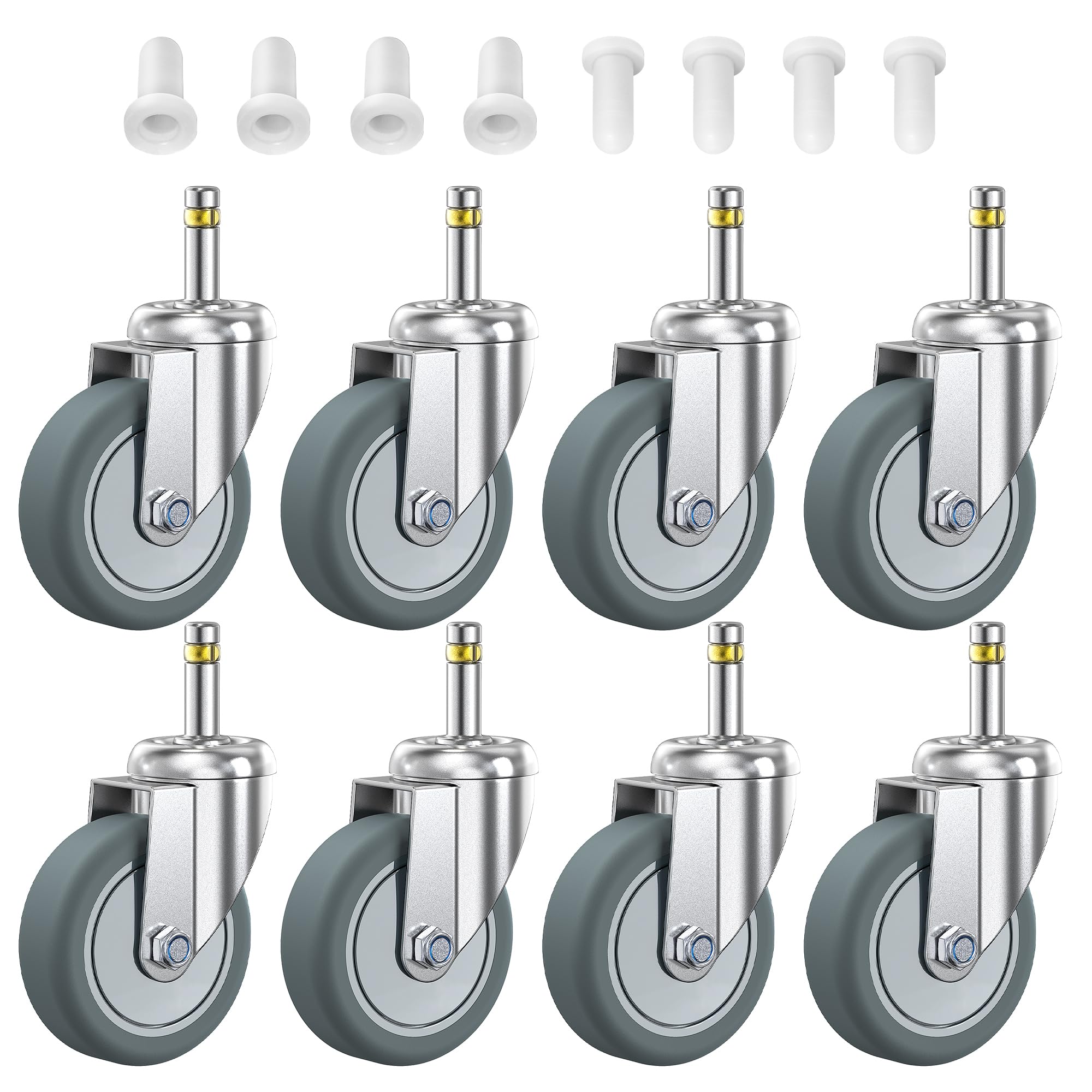 HOLKIE Stem Caster Wheels 4 inch Casters Set of 8, 7/16-Inch Stem Diameter Swivel Castors Heavy Duty TPR Rubber Replacement Castor for Cart, Stool, Mop Bucket, Grill, Shop Vac