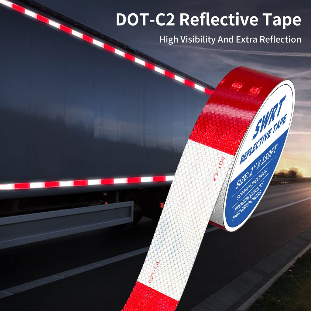 SWRT DOT-C2 Reflective Tape - 2 Inch x 100 Feet, Red & White, Waterproof, Strong Adhesive, Reflector Tape for Vehicles, Trailers, Boats & Signs