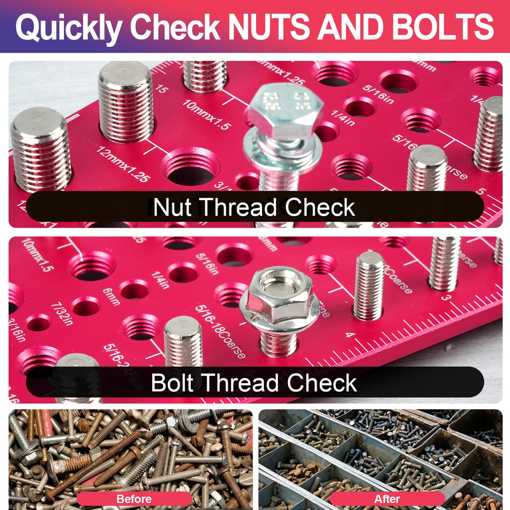 51-in-1 Bolt Size Finder & Thread Checker, 32 Metric & 32 SAE Nut and Bolt Thread Gauge with 19 Drill Bit Checker, CNC-Machined Aluminum Screw Size Chart, Go/No-Go ANSI Standard, Non-Slip Base