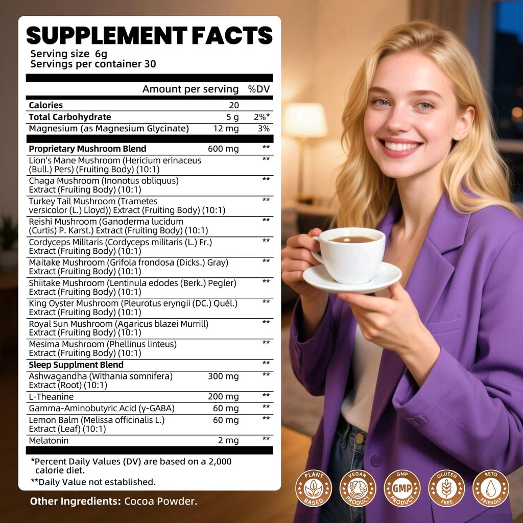 B BEWORTHS Mushroom Hot Cocoa, 10 - Blend Mushroom Extract Complex with Sleep Support Formula, Ashwagandha, L-Theanine, Lemon Balm, GABA, Melatonin, Support Fall Asleep and Stay Asleep, 30 Servings