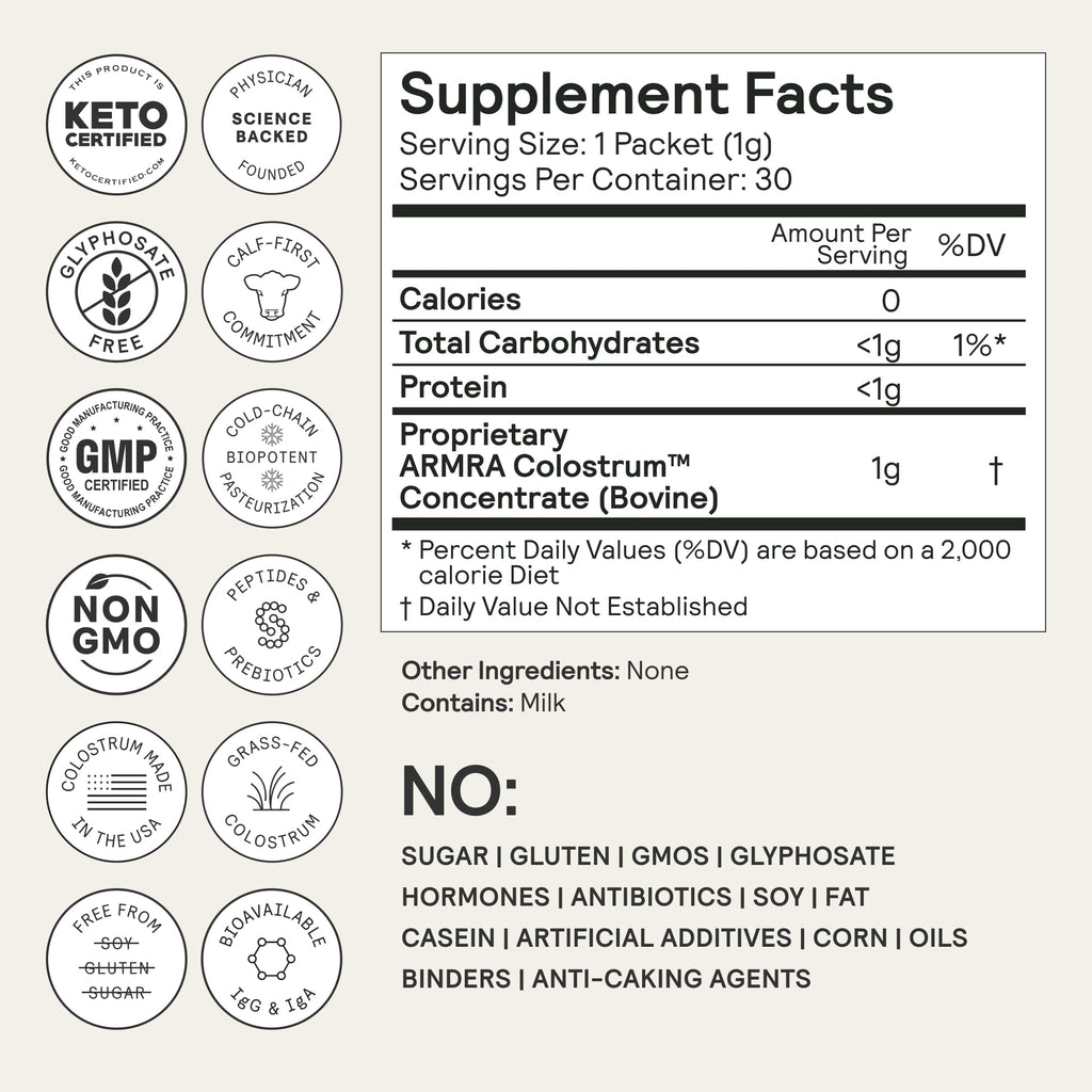 ARMRA Colostrum Powder | Unflavored | Gut Health & Bloating | Skin & Hair | Immunity | Keto, Gluten & Fat-Free | 30 Servings
