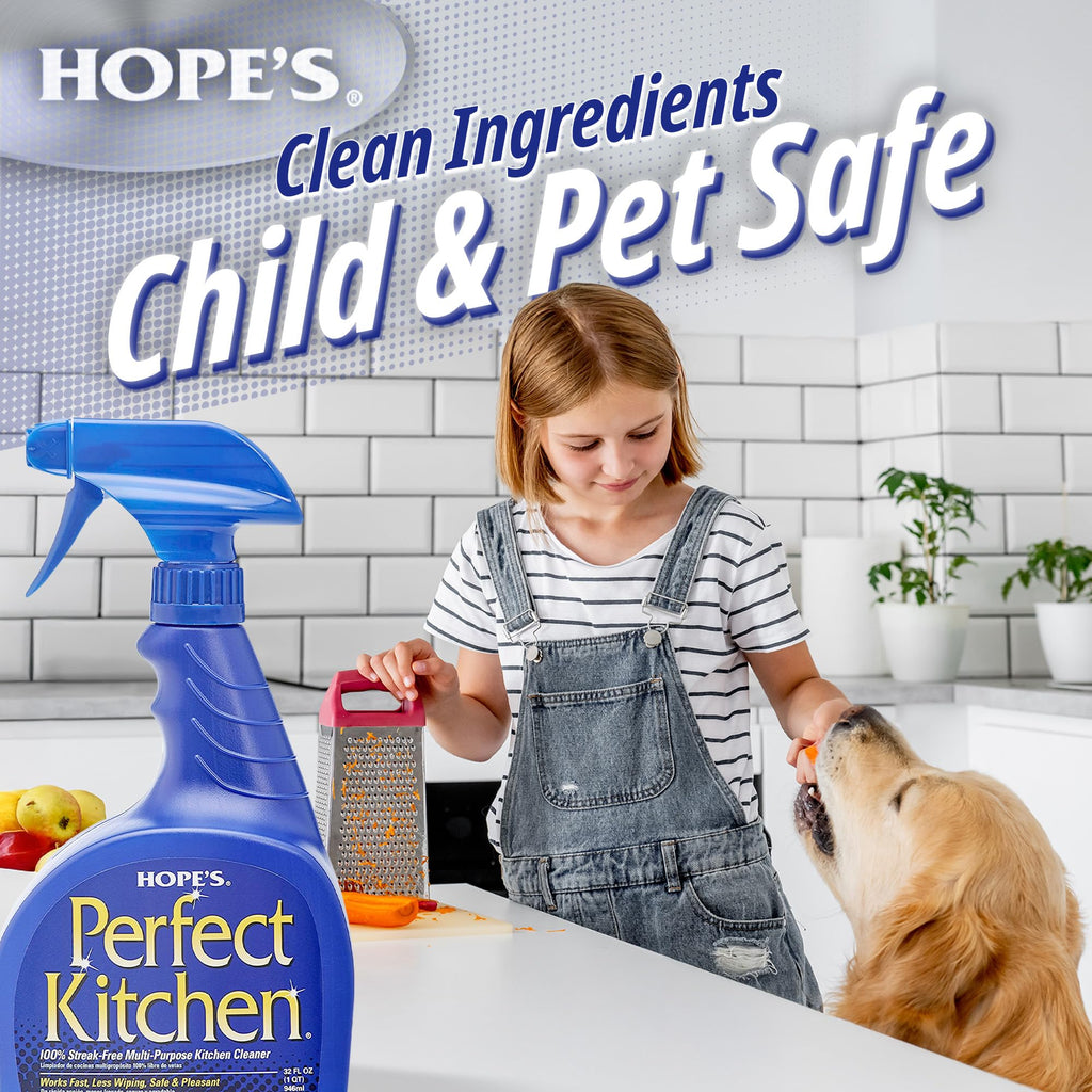 HOPE'S Perfect Kitchen Cleaner Spray - 32 Oz No-Residue All Purpose Cleaning Spray - Multisurface Degreaser for Counters, Stoves, Microwaves, and More - Pet and Home Safe - Pack of 12