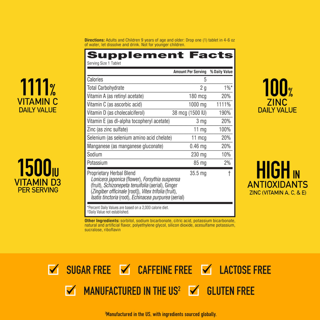 Airborne 1000mg Vitamin C with Vitamin D & Zinc, Sugar Free Multivitamin Immune Support Supplement, Antioxidants Vitamins A C & Vitamin E, 30 Effervescent Tablets, Zesty Orange Flavor