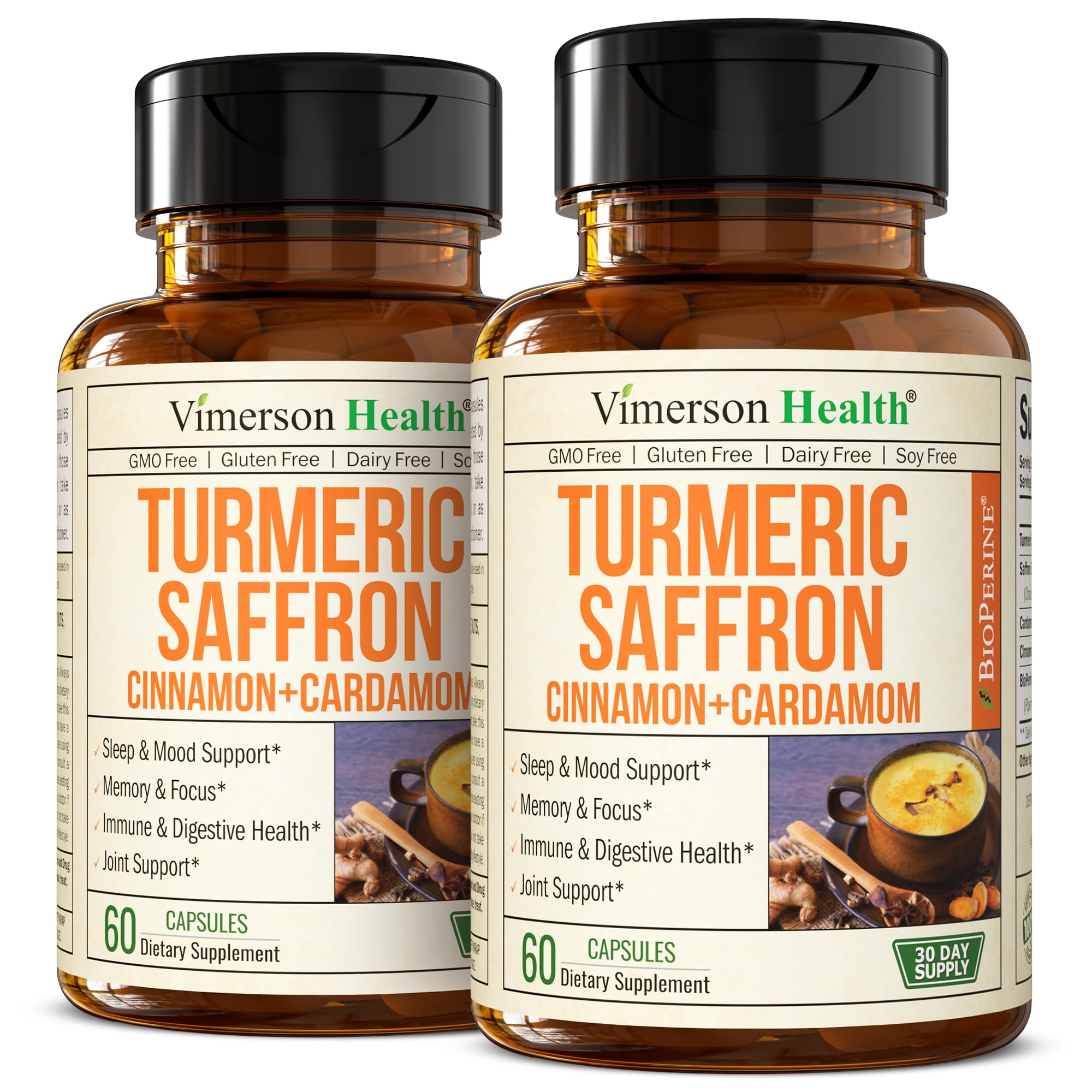 Saffron Supplements – 89mg Saffron Extract, 1000mg Turmeric Curcumin, Ceylon Cinnamon & Cardamom – Daily Mood, Joint & Metabolic Support – Joint Supplements for Women & Men – 60 Capsules, 2 Pack