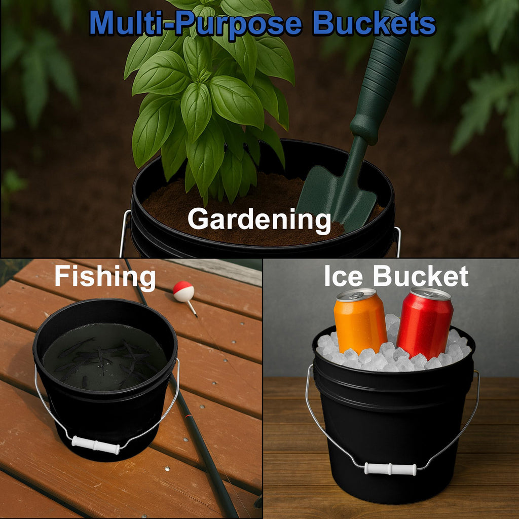MKS Plastics 1-Gallon Bucket with Airtight Lid – Made in USA, Food Grade BPA Free Plastic, Heavy Duty Multi-Use, Metal Handle with Grip, Stackable Storage – Black, 3 Pack