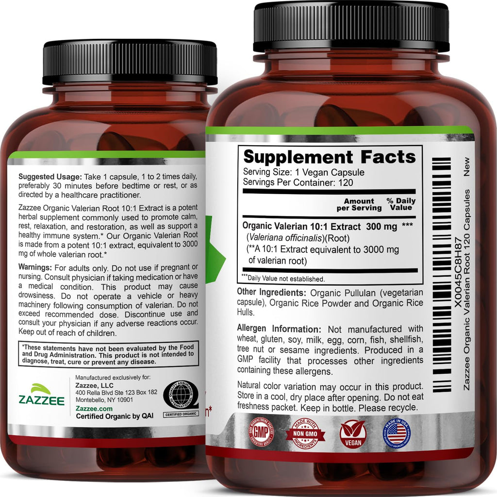 Zazzee USDA Organic Valerian Root 10:1 Extract, 3000 mg Strength, 120 Vegan Capsules, 4 Month Supply, Valeriana officinalis, 10X Potency, 100% Vegetarian, All-Natural, Non-GMO, Made in the USA