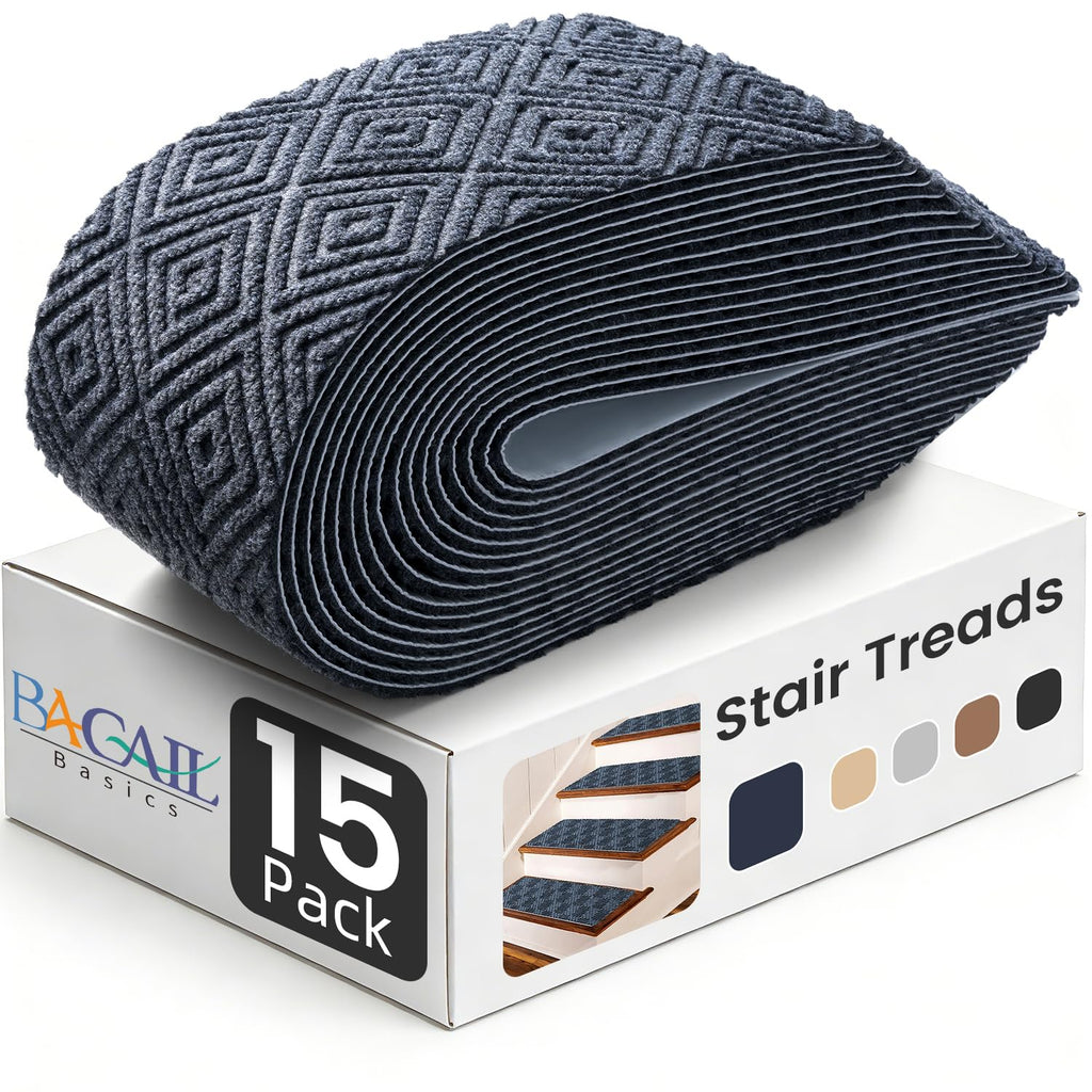 BAGAIL 15 Pack Non-Slip Stair Treads for Wooden Steps, 8"x30" Peel and Stick Carpet Stair Runners, Machine Washable Indoor Step Covers with No-Residue Adhesive for Dogs, Kids & Elderly - Bluish Grey