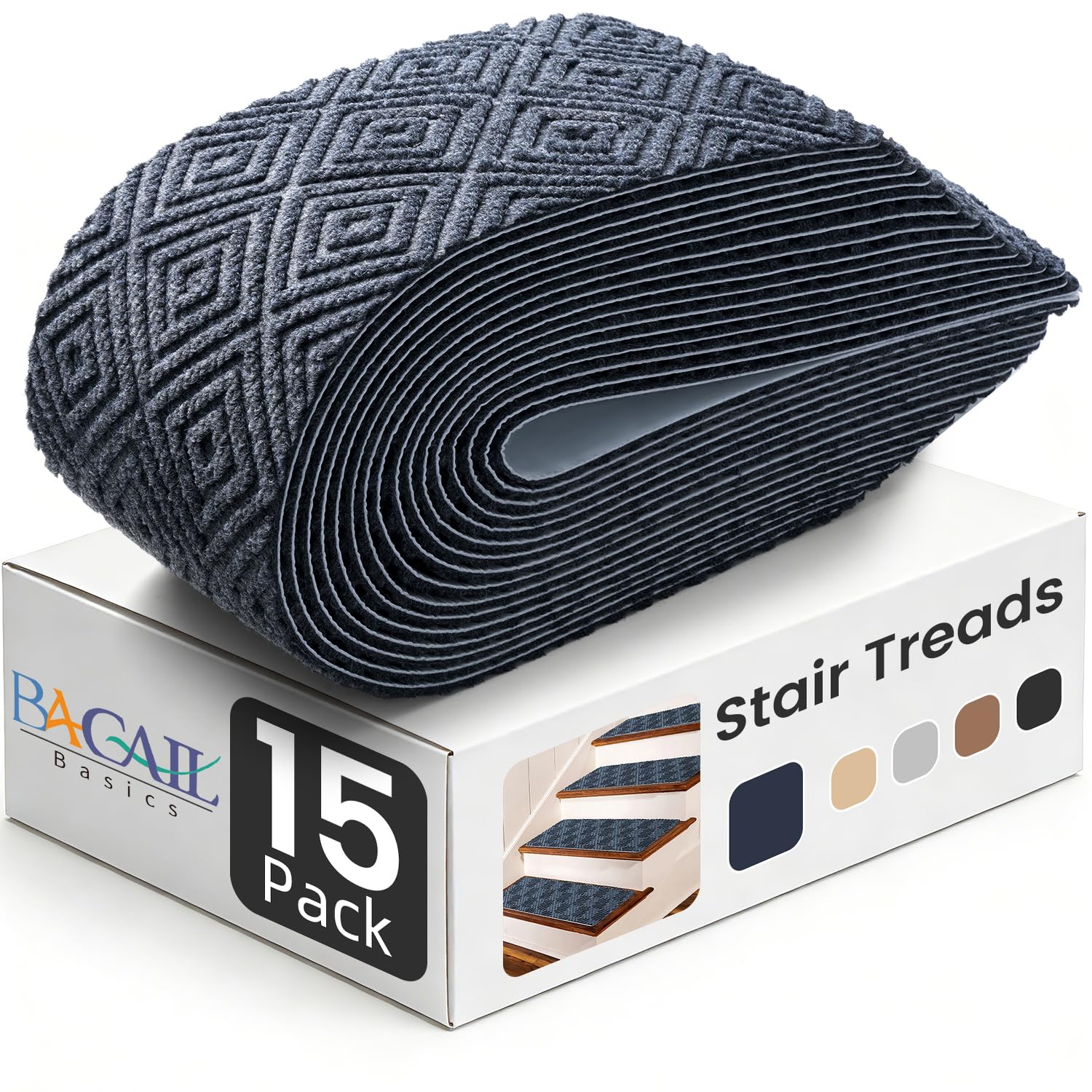 BAGAIL 15 Pack Non-Slip Stair Treads for Wooden Steps, 8"x30" Peel and Stick Carpet Stair Runners, Machine Washable Indoor Step Covers with No-Residue Adhesive for Dogs, Kids & Elderly - Bluish Grey