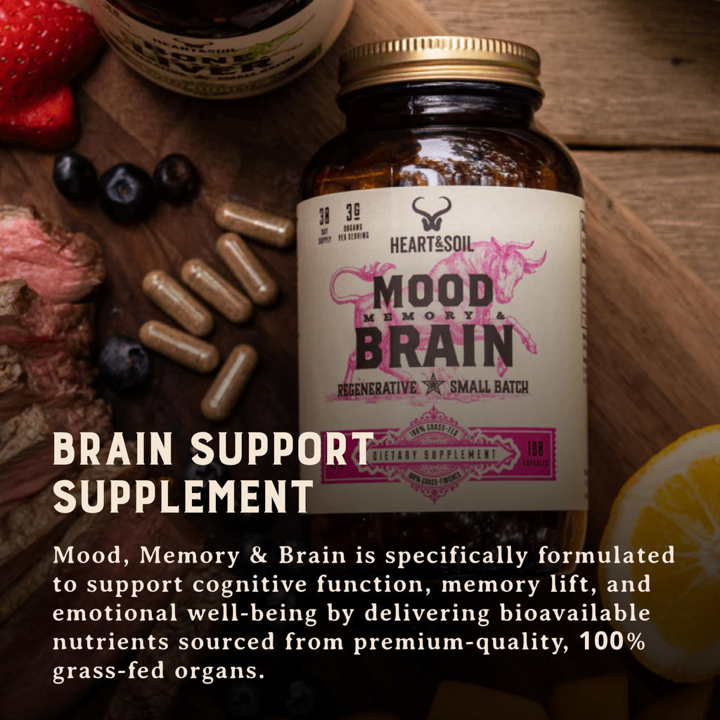 HEART & SOIL – 100% Grass Fed & Finished Beef Brain Supplement from Regenerative Cattle – for Cognitive Function & Memory – 3000mg Focus Supplement with Beef Organs – Glass Bottle – 180 Capsules