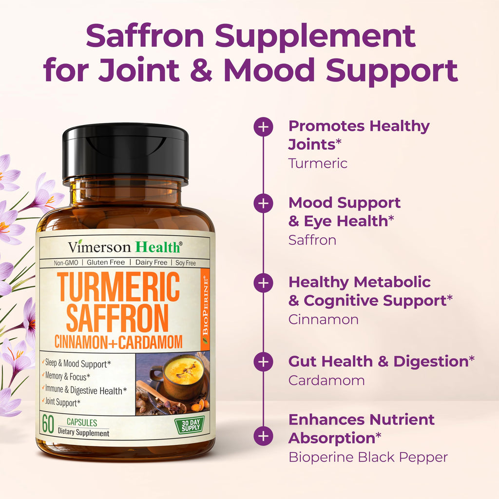 Saffron Supplements – 89mg Saffron Extract and 1000mg Tumeric Blend – Turmeric Supplement with Ceylon Cinnamon and Cardamom for Mood, Memory & Eye Health – Joint Supplements for Women & Men – 60 Count