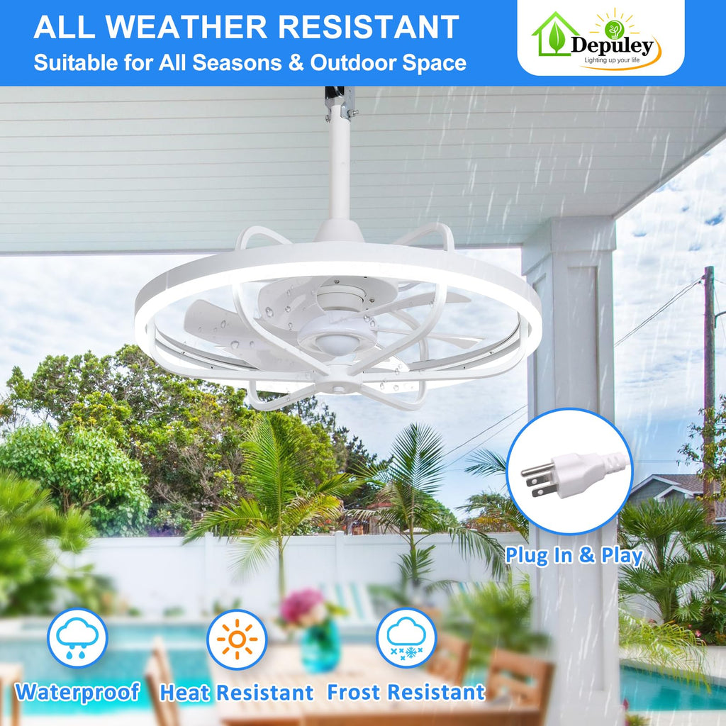 Depuley 20" Outdoor Ceiling Fan with Lights, White Waterproof Gazebo Hanging Fan with Remote App Control, Dimmable Plug in Caged outdoor Ceiling Fans for patios Porch 6-Speeds