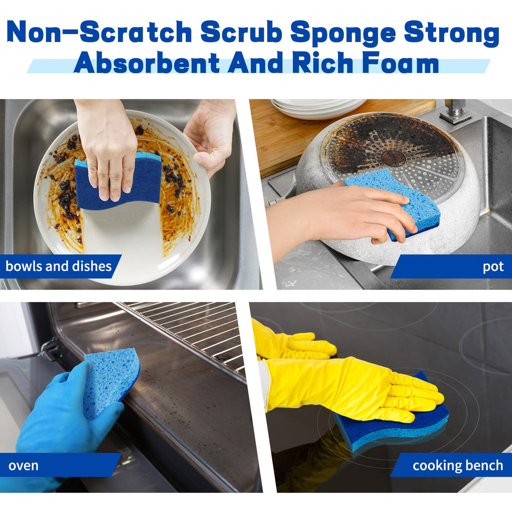 Non Scratch Scrub Sponges, 24 Count Kitchen Sponges Pack Safe on Non-Stick Cookware, Dual Sided Cleaning Sponges for Dishes, Blue