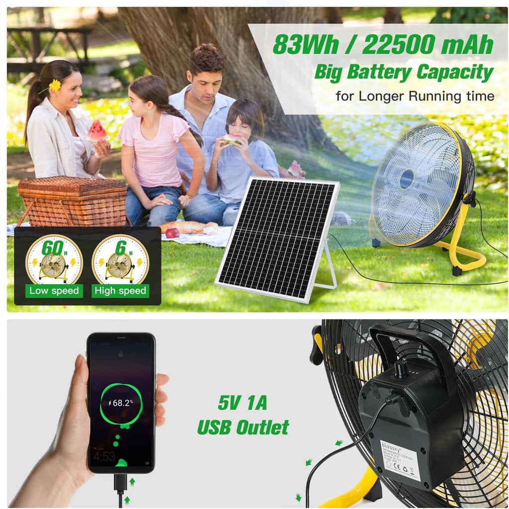 blessny 18" Large Solar Rechargeable Floor Fan for Home Gazebo Greenhouse