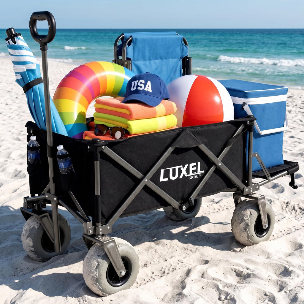 Beach Wagon with Big Wheels for Sand 9" PU Tires Collapsible Wagon, Black