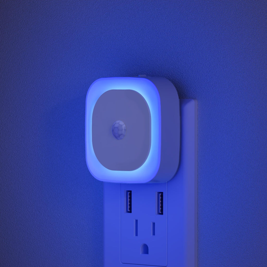 YUNLEX 2 Pack Plug in Night Light with Motion Sensor & Dusk to Dawn Sensor, 3 Sensor Modes, Blue Night Lights Plug into Wall, Dimmable Nightlight for Bathroom, Bedroom, Indoor