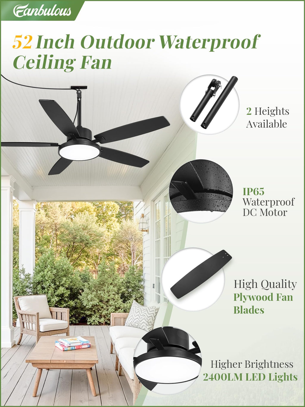 Fanbulous 52'' Outdoor Ceiling Fans with Light and Remote,IP65 Wet Rated Waterproof Ceiling Fan with 6-Speed DC Motor, Farmhouse Gazebo Fan for Porch Patios Pavilion(Black)