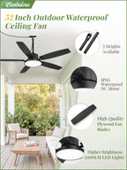 Fanbulous 52'' Outdoor Ceiling Fans with Light and Remote,IP65 Wet Rated Waterproof Ceiling Fan with 6-Speed DC Motor, Farmhouse Gazebo Fan for Porch Patios Pavilion(Black)