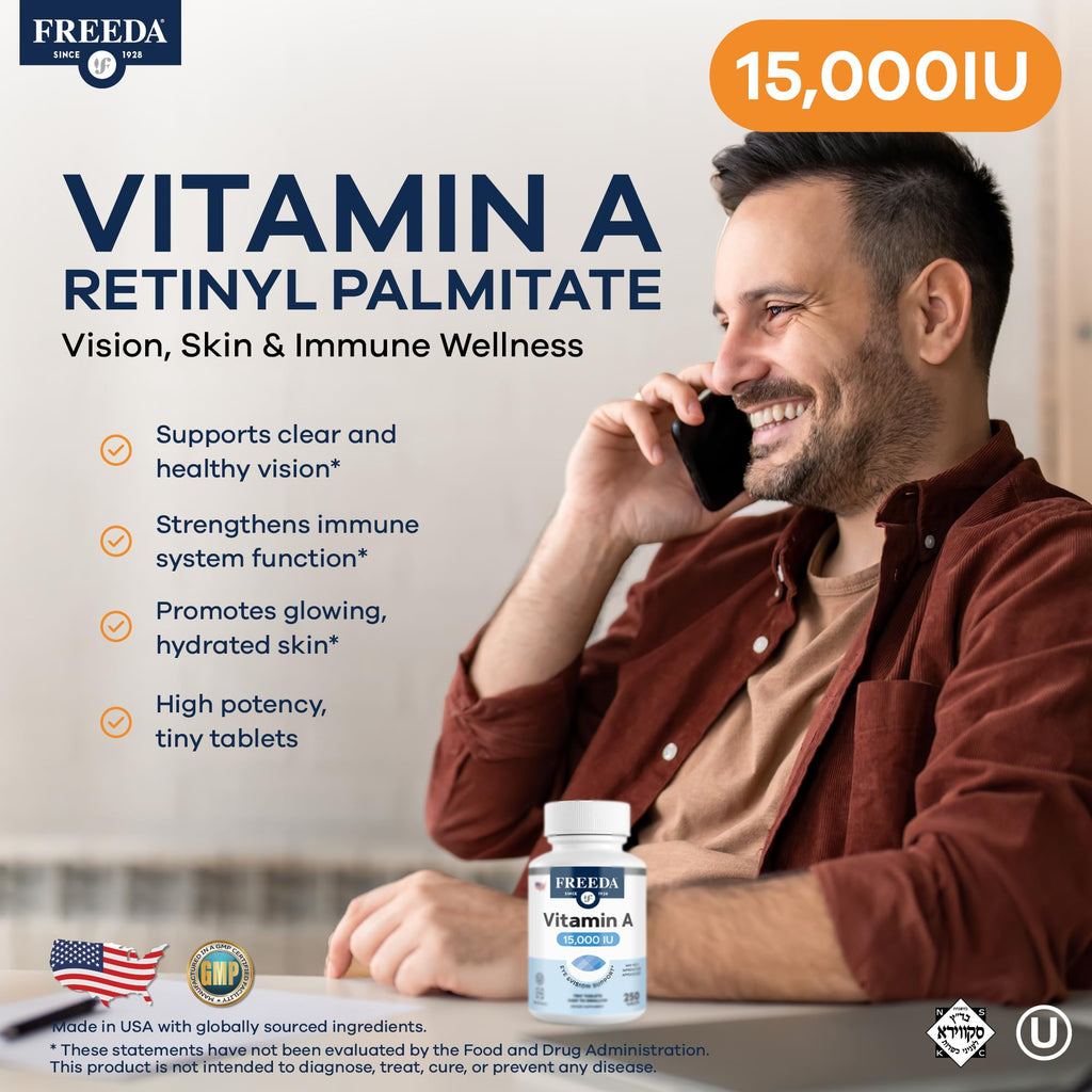 Freeda Vitamin A 15,000 IU – Retinyl Palmitate – Vegan, Kosher, No Fish – Eye, Vision, Immune & Skin Support – Tiny Easy-to-Swallow Tablets – VIT A Vitamina A Supplement – 250 Tablets