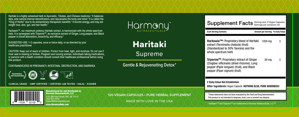 Haritaki Supreme Dr Gumman's Clinical Grade Highest Potency Maximum Bioavailabity Harmony Nutraceuticals 120 Vegan Capsules
