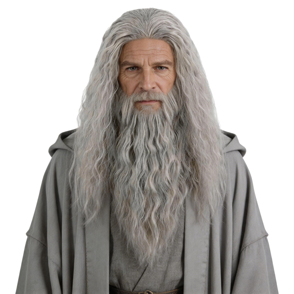 Topcosplay Men Wigs and Beard Set Long Gray Cosplay Halloween Costume Party Wizard Wig