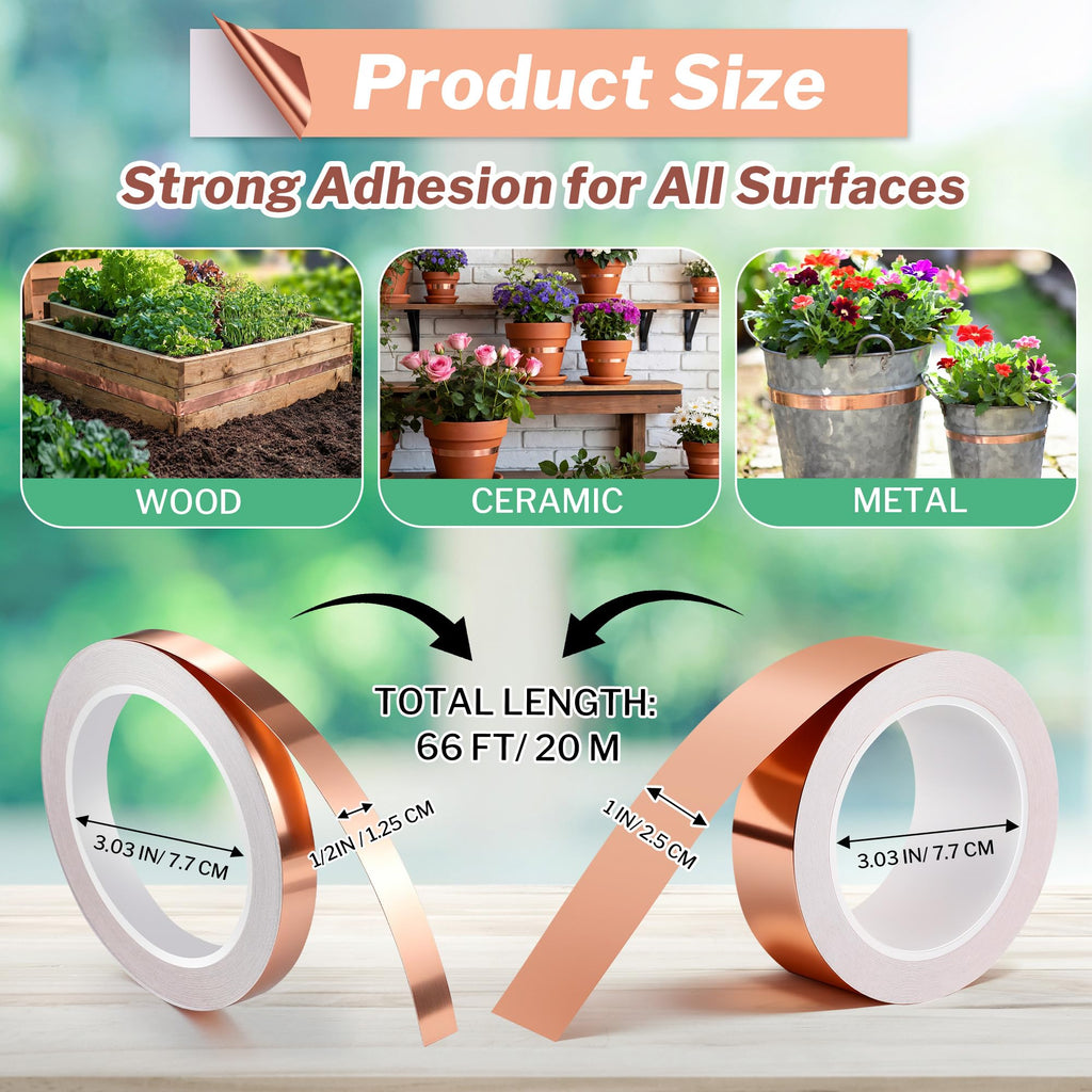 Mysora 2 Pcs Copper Tape for Slugs and Snails, 1 Inch x 66 ft and 1/2 Inch X 66 ft Copper Slug and Snail Barrier Tape, Non Toxic, Pet Safe, for Pots, Eaves, Gardens, Places Where Snails Might Climb