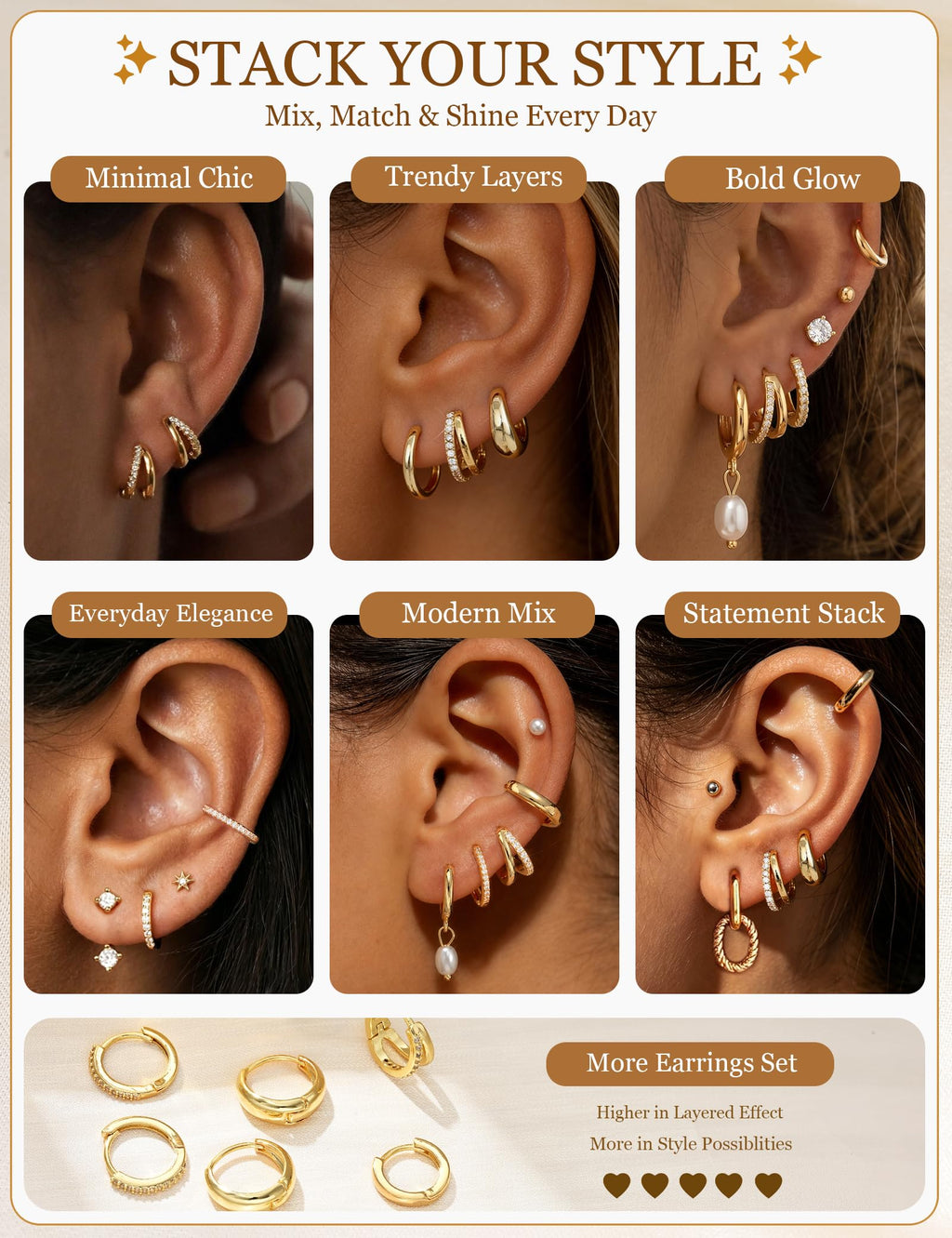 13 Pairs Gold Earrings for Women, 14K Plated Hypoallergenic Stackable Set