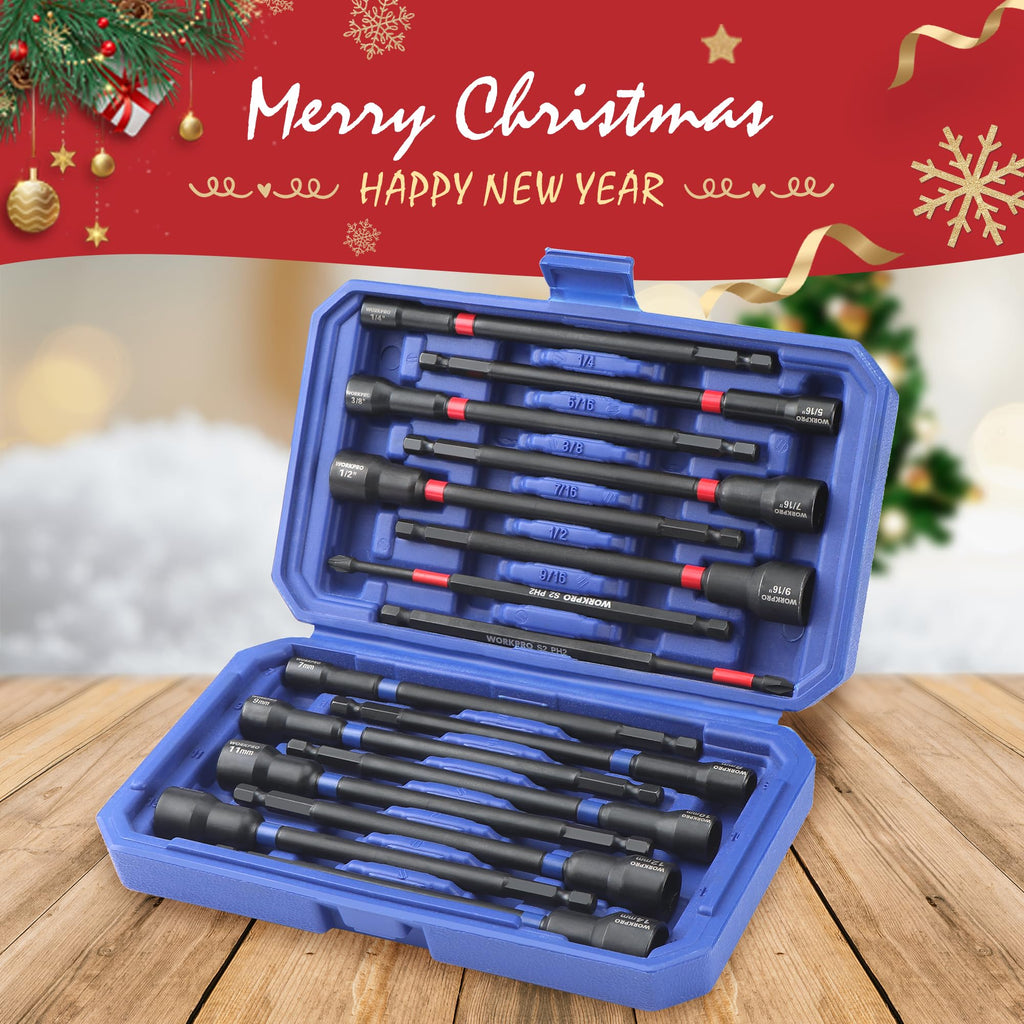 WORKPRO 16-Piece Magnetic Nut Driver Set and Bit, 6" Long Nut Drivers, Metric & SAE Nut Drivers for Impact Drill, Long Shank Nut Driver Bits, 1/4"Hex Shank, Long Power Bits, PH2, with Sturdy Tool Box