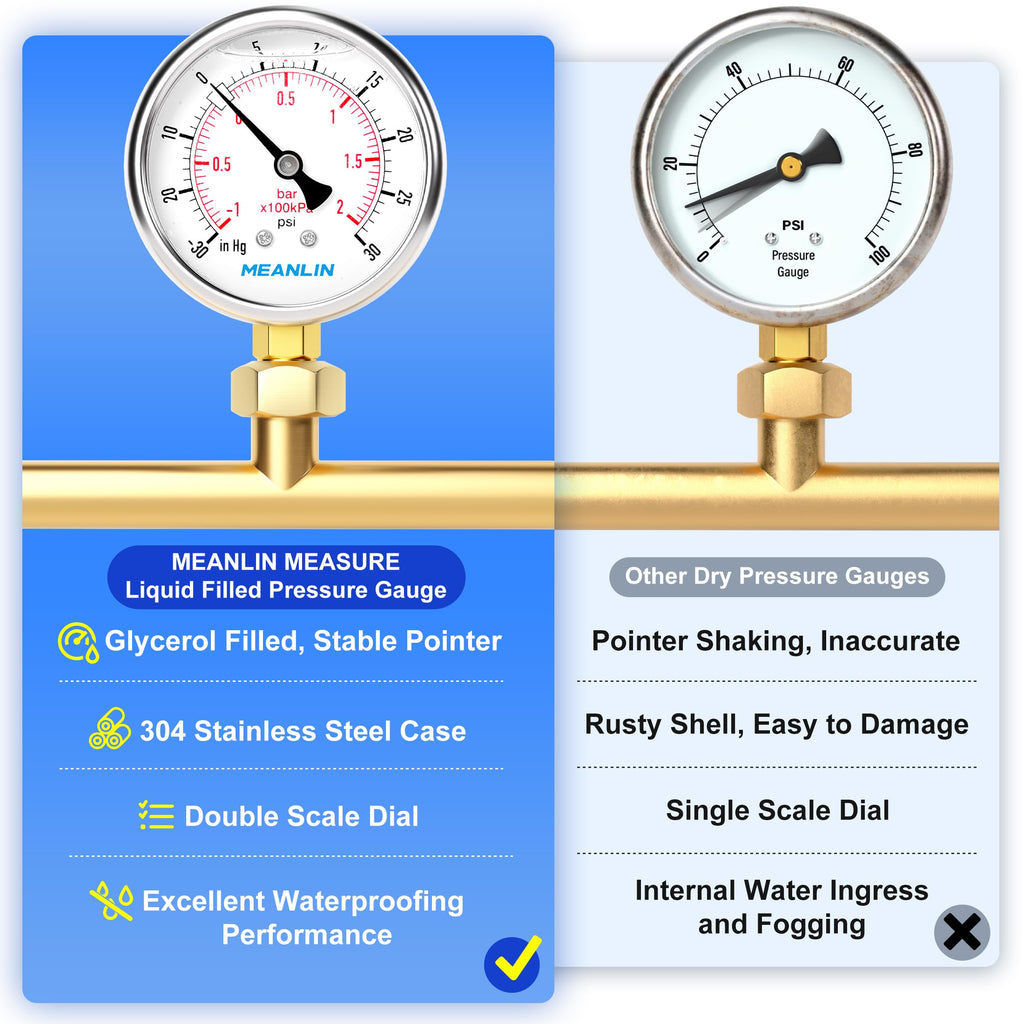 MEANLIN MEASURE -30inHG~30Psi Stainless Steel 1/4" NPT 2.5" FACE DIAL Vacuum Pressure Gauge, Lower Mount, with 1/2" NPT and 3/8" NPT Hex Bushing