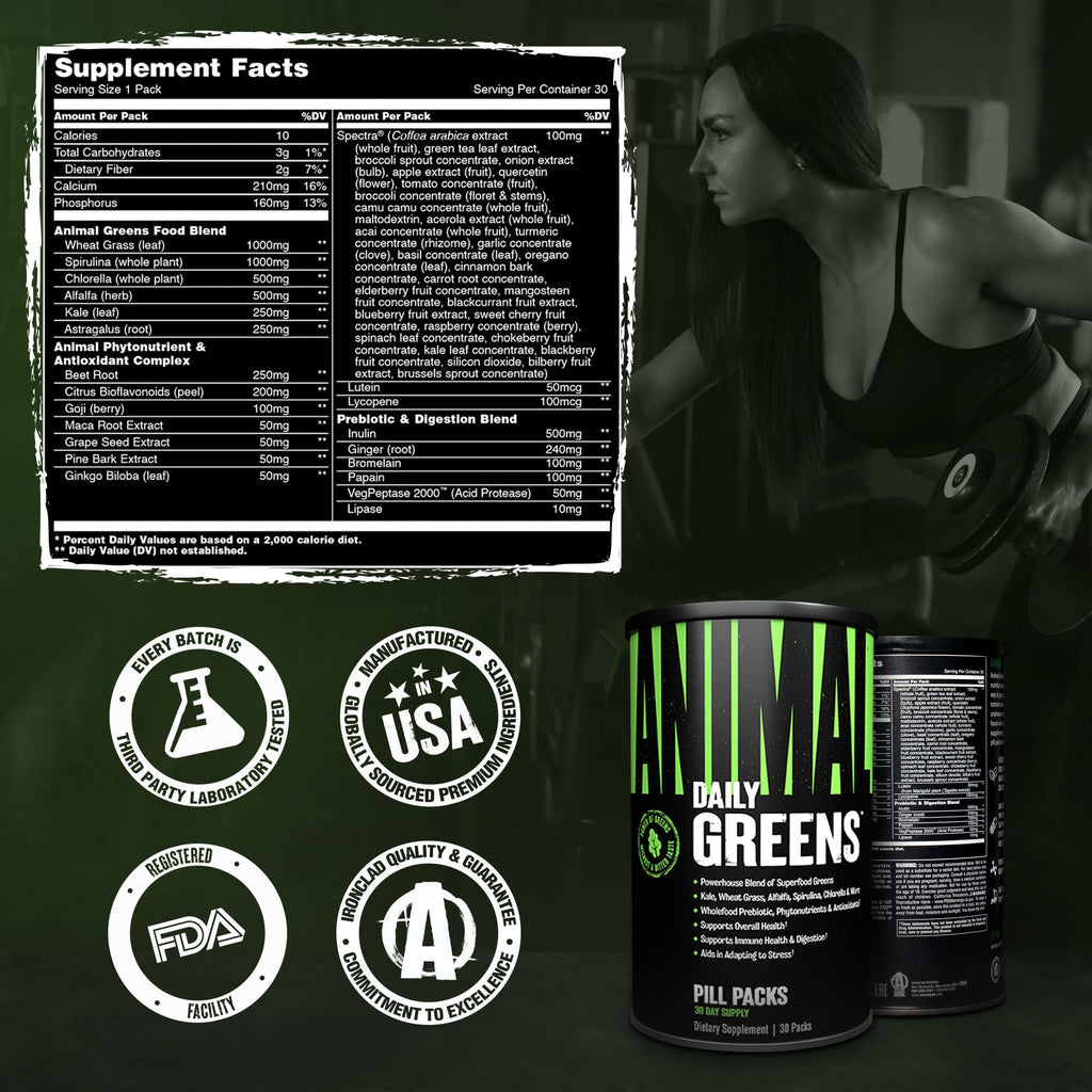 Animal Daily Greens Pill Packs - Kale, Wheat Grass, Alfalfa & More - Convenient Prebiotic and Probiotic Superfood Blend for Superior Digestion, Gut Health, and Immunity For Men & Women - 30 Day Supply