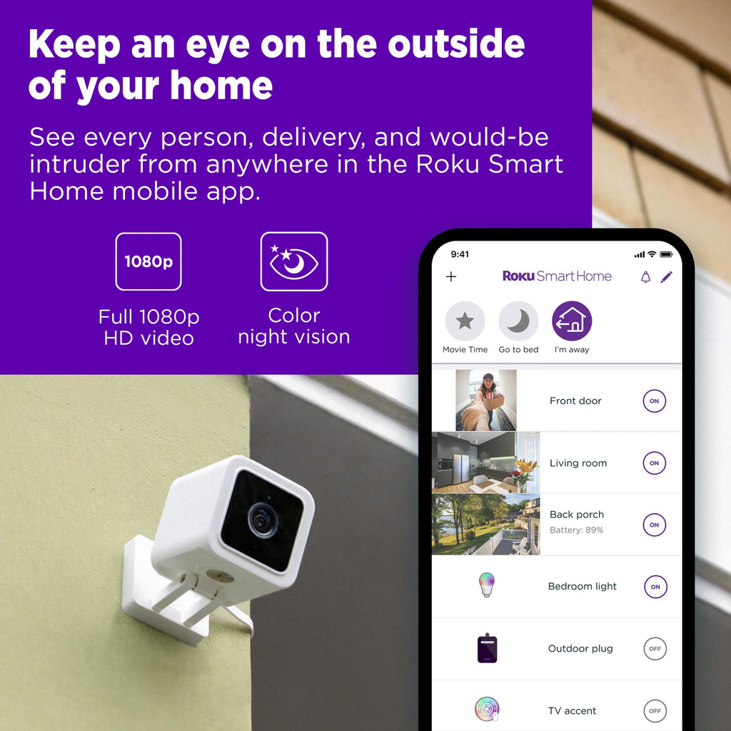 Roku Outdoor Camera for Home Security - IP65 Weather Resistant Wired Security Camera with 1080p HD Night Vision, Works with Alexa & Google, Motion & Sound Detection - 90-Day Subscription Included