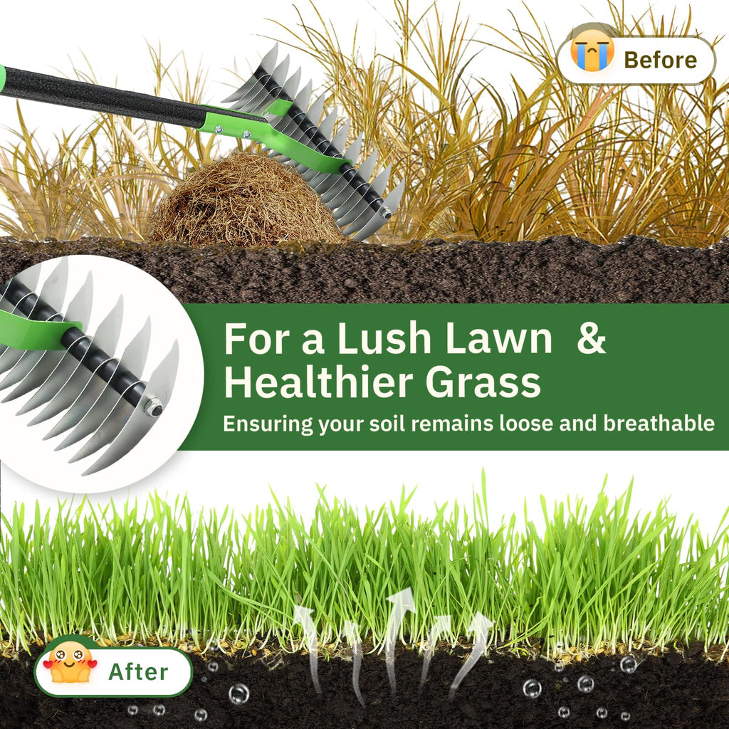 Thatch Rake, 13" Wide Efficient Dethatcher Rake with 55" Adjustable Long Handle, Heavy Duty Steel Metal Dethatching Rakes for Cleaning Dead Grass, Loosening Soil, Lawn Care in Yard Garden