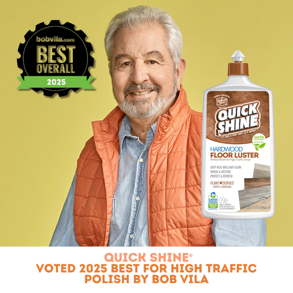 Quick Shine Hardwood Floor Luster-Polish 27oz-2pk | Plant-Derived w/Carnauba | Safer Choice, No PFAS, pH Neutral | Ready to Use Formula w/Anti-Slip Technology | Simply Squirt & Spread | Made in USA