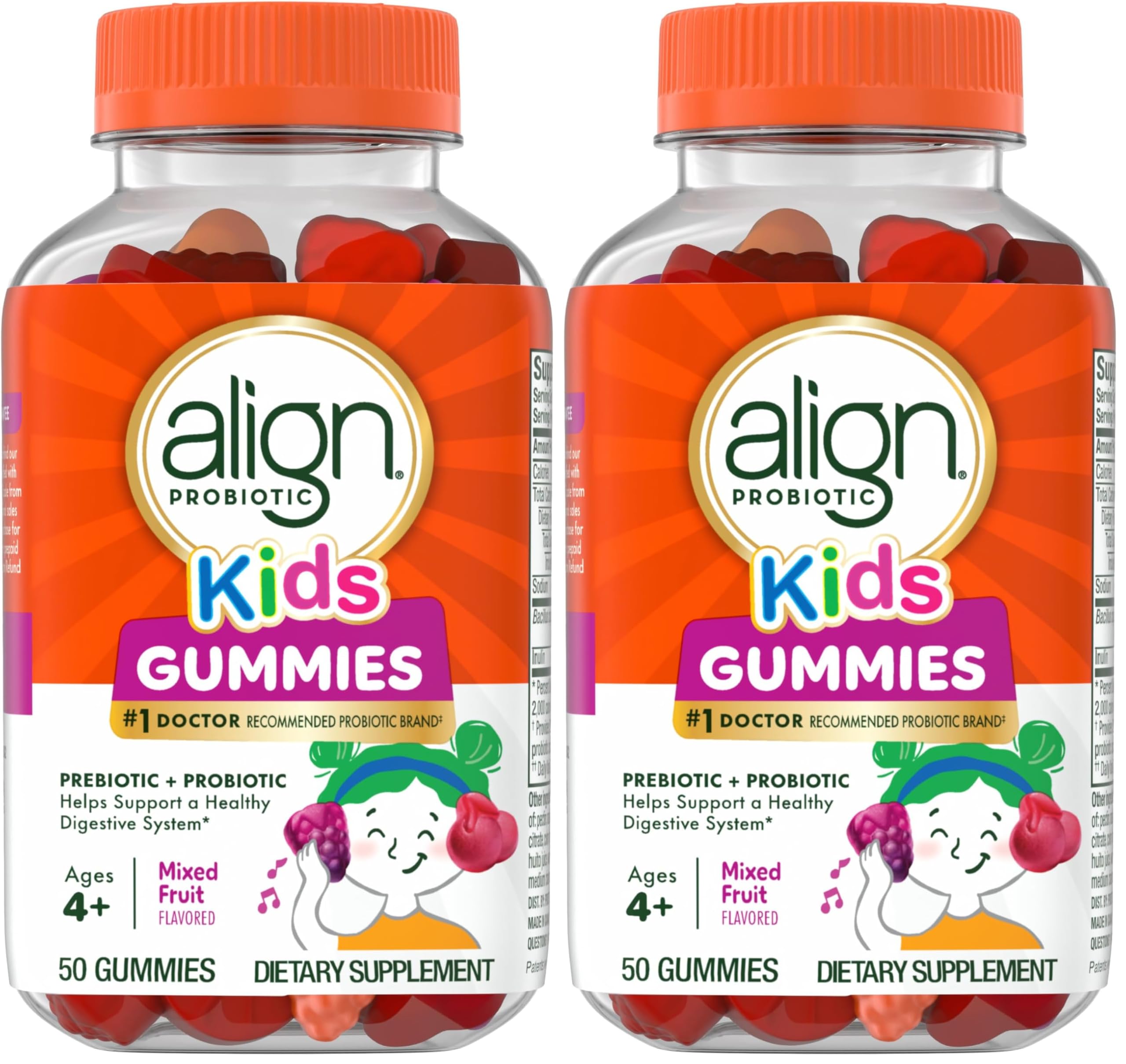 Align Probiotic, Kids Gummies, Prebiotic + Probiotic Helps Support a Healthy Digestive System*, #1 Doctor Recommended Probiotic Brand‡, 50 Gummies Packaging May Vary (Pack of 2)