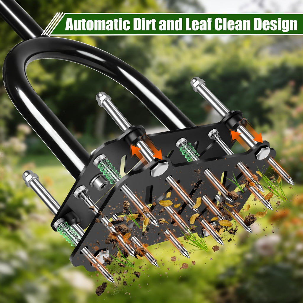 Adjustable Lawn Aerator Tool with Rebound Spring – 16 Sharp Metal Spikes Soil Aerator with Ergonomic T-Handle & Wide Foot Plate, Heavy Duty Yard Lawn Aerator for Garden Lawn Care