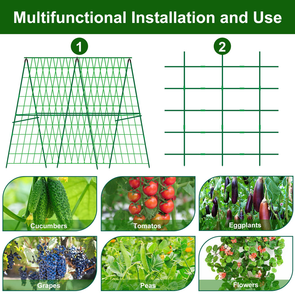 48 x 48 Inch Foldable Cucumber Trellis for Raised Bed- A-Frame Garden Trellis for Climbing Plant Outdoor with Climbing Net and Plant Support Clip for Outdoor Plants Zucchini Vegetables Tomato Flowers